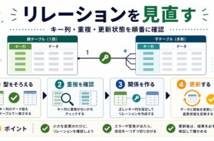 キー列、重複、関係作成、更新確認を整理した日本語アイキャッチ画像