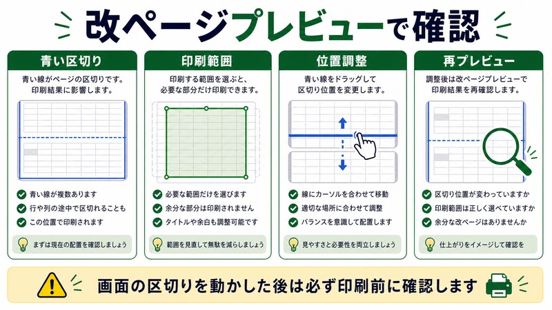青い区切り、印刷範囲、位置調整、再プレビューを整理した日本語図解