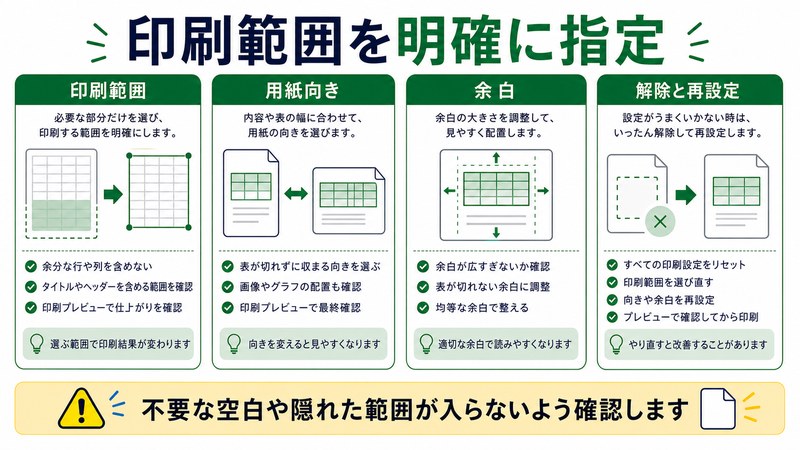 印刷範囲、用紙向き、余白、解除と再設定を整理した日本語図解