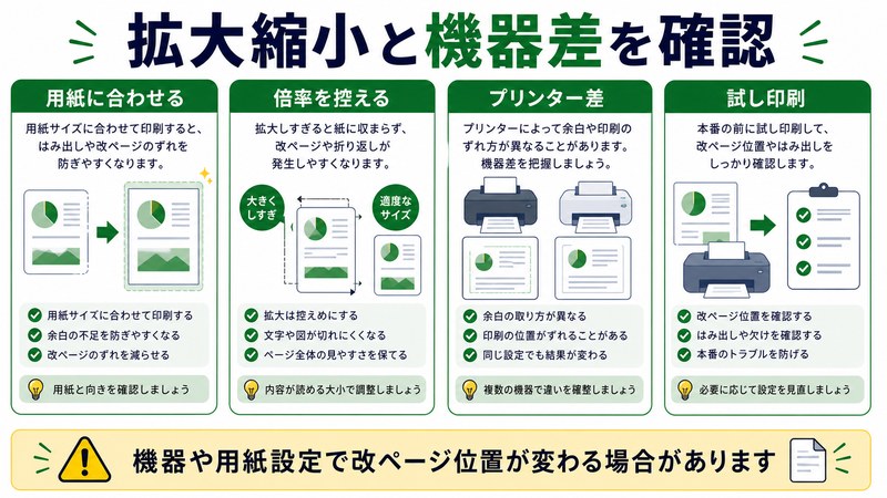 用紙に合わせる、倍率を控える、プリンター差、試し印刷を整理した日本語図解