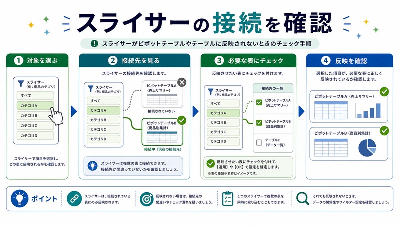 対象選択、接続先確認、必要な表のチェック、反映確認を整理した日本語図解