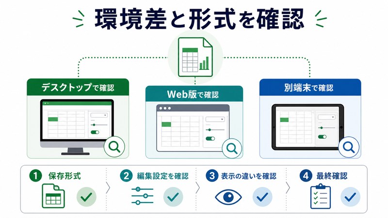 保存形式、デスクトップでの確認、Web版での確認、別端末での確認を整理した日本語図解