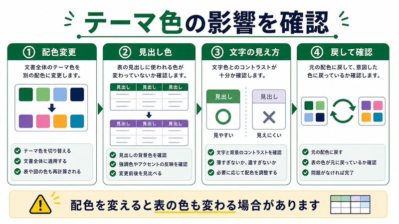 配色変更、見出し色、文字の見え方、戻して確認を整理した日本語図解