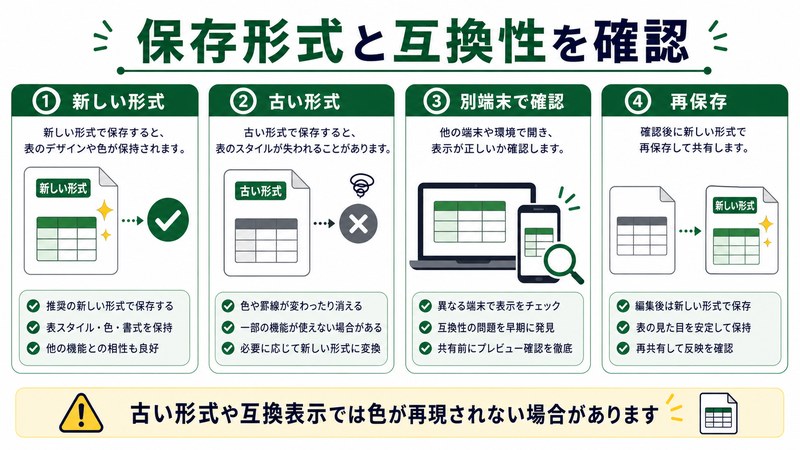 新しい形式、古い形式、別端末確認、再保存を整理した日本語図解