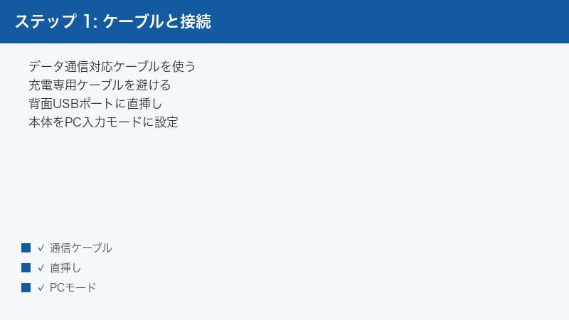 ステップ 1: ケーブルと接続 — データ通信対応ケーブルを使う・充電専用ケーブルを避ける・背面USBポートに直挿し