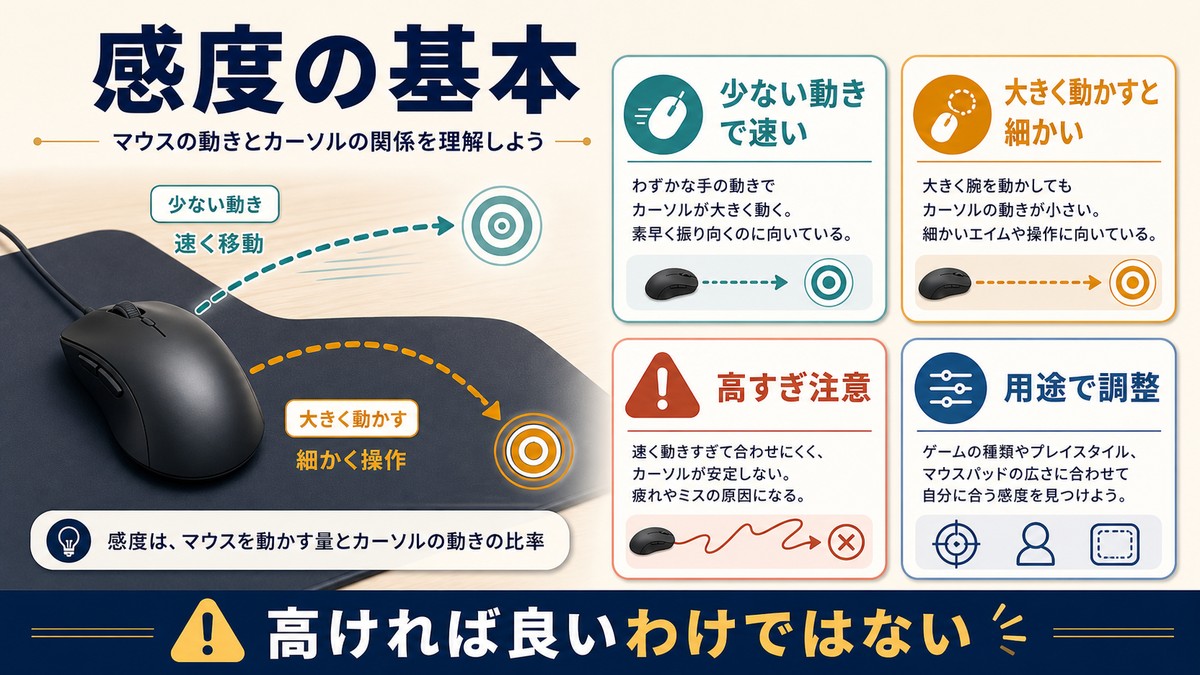 マウス感度は高ければ良いわけではなく、少ない動きで速い操作と大きく動かす細かい操作を使い分ける図解