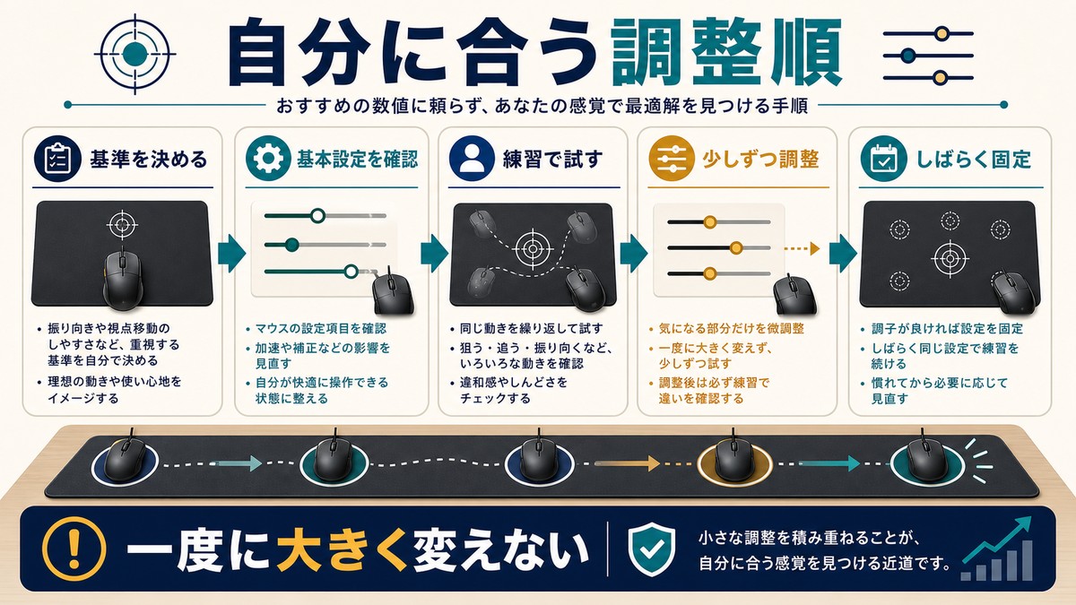 マウス感度を基準設定、基本確認、練習、少しずつ調整、しばらく固定の順で探す図解