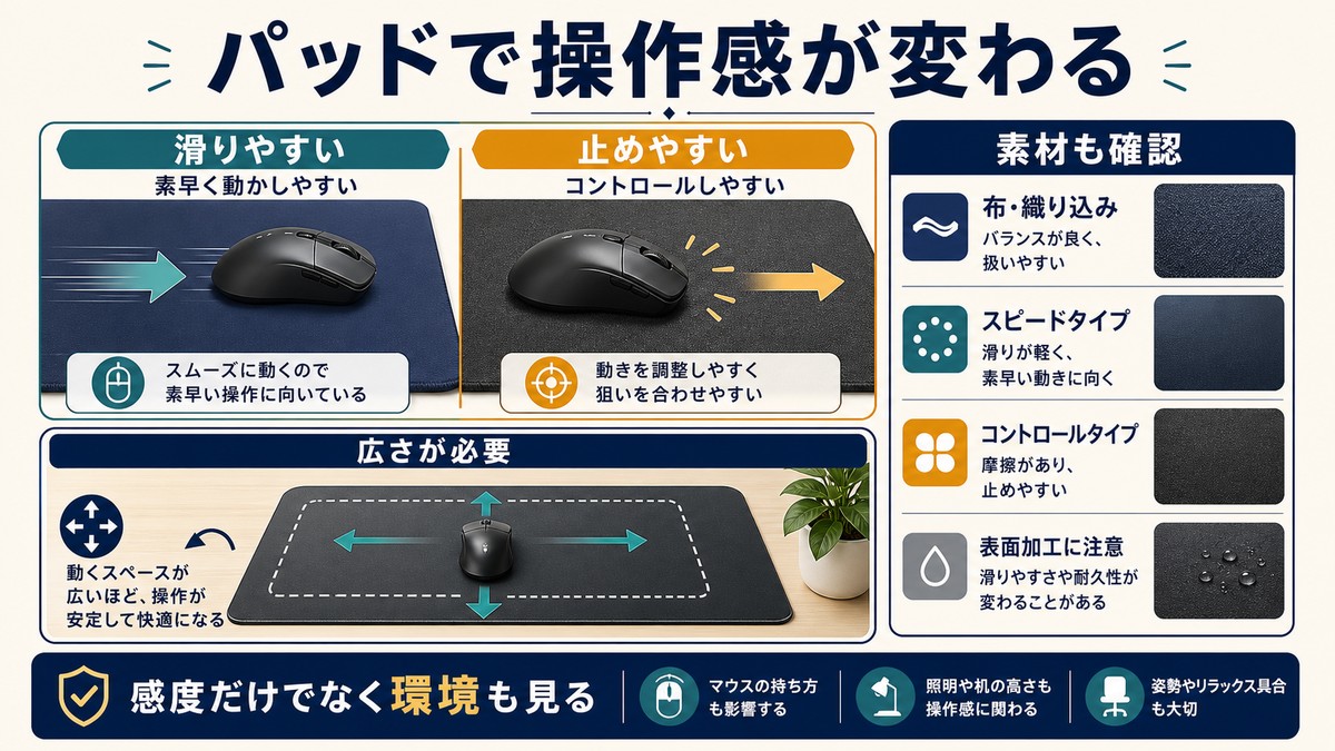 マウスパッドの滑りやすさ、止めやすさ、広さ、素材でマウス感度の操作感が変わることを示す図解