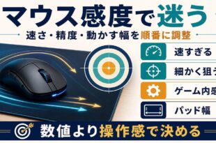ゲーミングマウスの感度を速さ、精度、ゲーム内感度、パッド幅で調整する考え方をまとめた図解