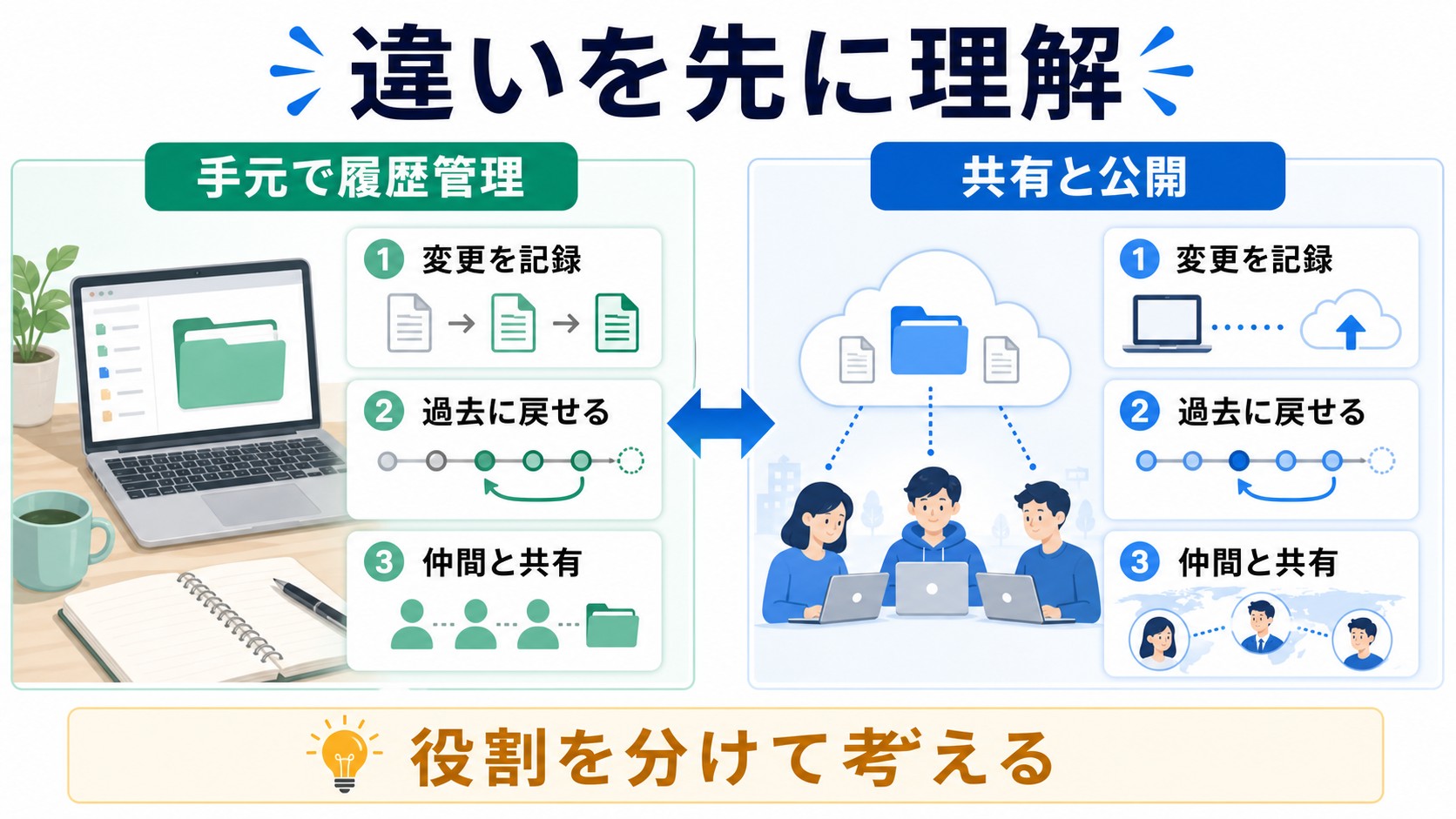 GitとGitHubの違いを手元での履歴管理と共有と公開に分けて整理した図解