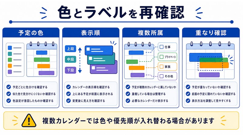 予定の色、表示順、複数所属、重なり確認を整理した日本語図解