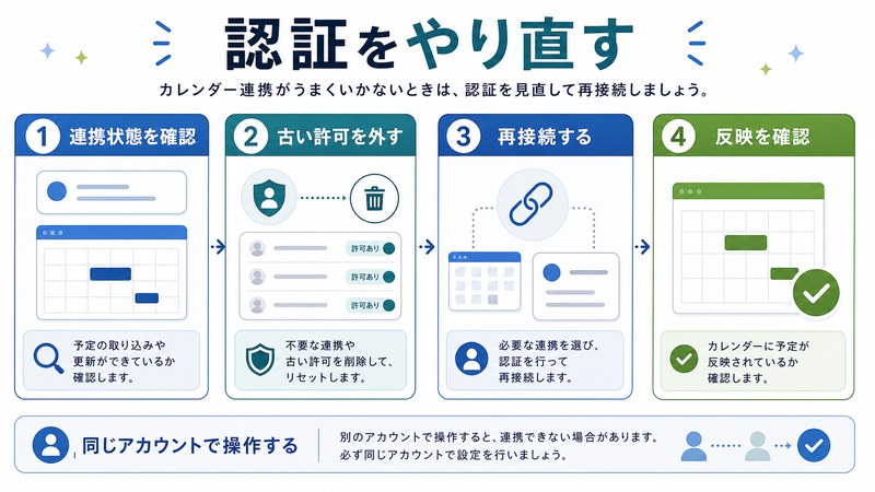 連携状態確認、古い許可の解除、再接続、反映確認を整理した日本語図解