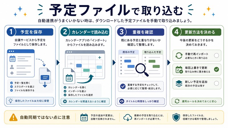 予定保存、カレンダー読み込み、重複確認、更新方法の決定を整理した日本語図解