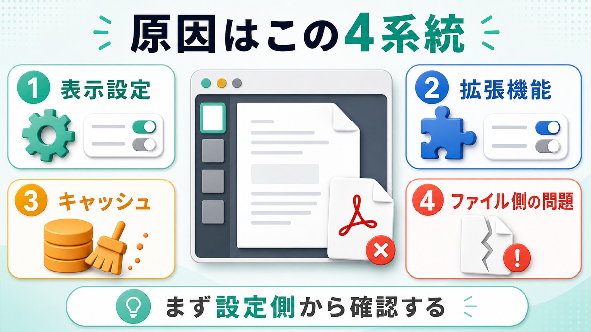 PDFが開かない原因を表示設定と拡張機能とキャッシュとファイル側の問題に分けた図解