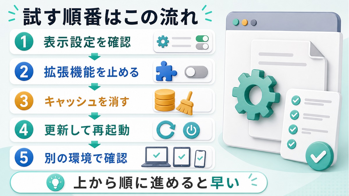 表示設定から拡張機能とキャッシュ更新別環境確認へ進む順序を示す図解