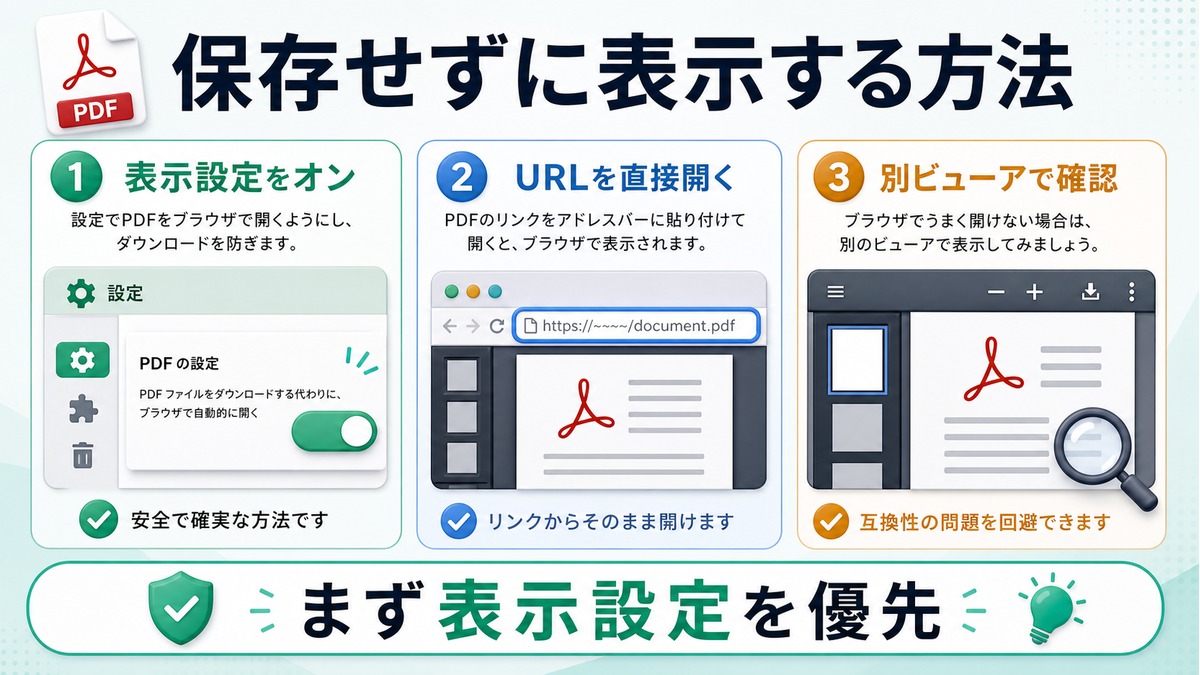 PDFを保存せず表示するために表示設定と直接表示と別ビューア確認を示す図解