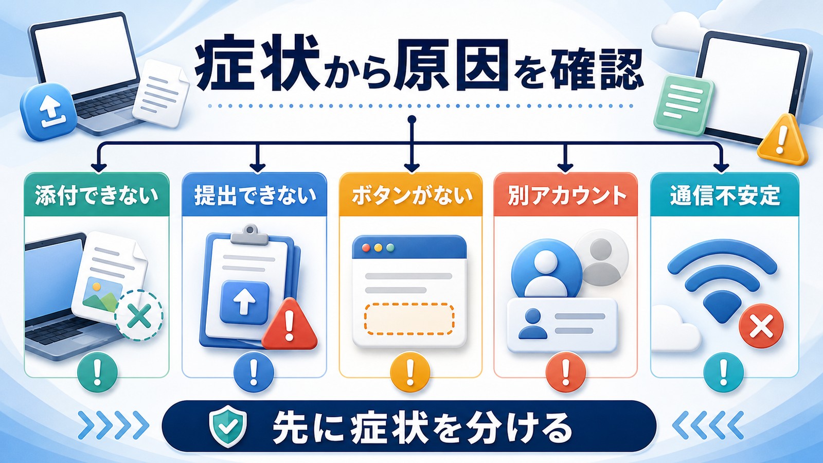 Google Classroomで課題が提出できない症状を添付できない提出できないボタンがない別アカウント通信不安定に分けて確認する図解