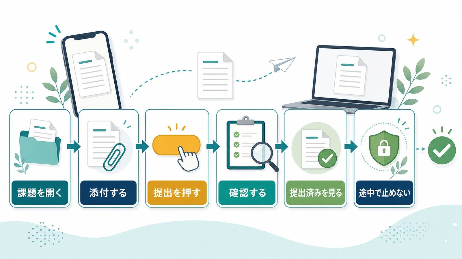 Google Classroomで課題を開く添付する提出を押す確認する提出済みを見る途中で止めない流れを整理した図解