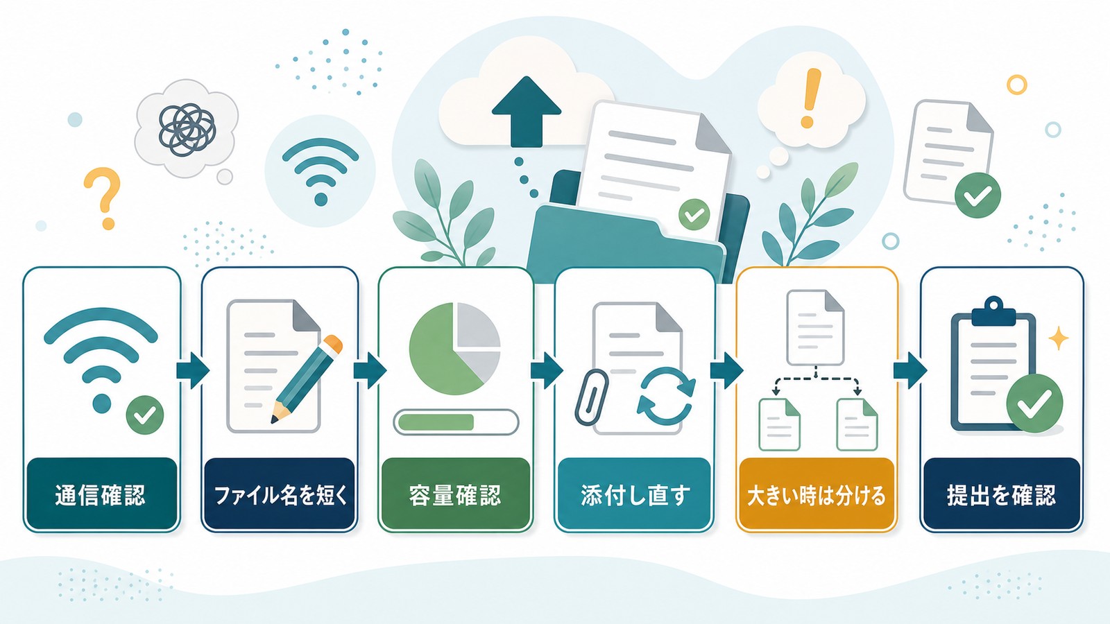 Google ClassroomでPDFやファイルが添付できない時に通信ファイル名容量添付し直し分割提出確認を行う図解