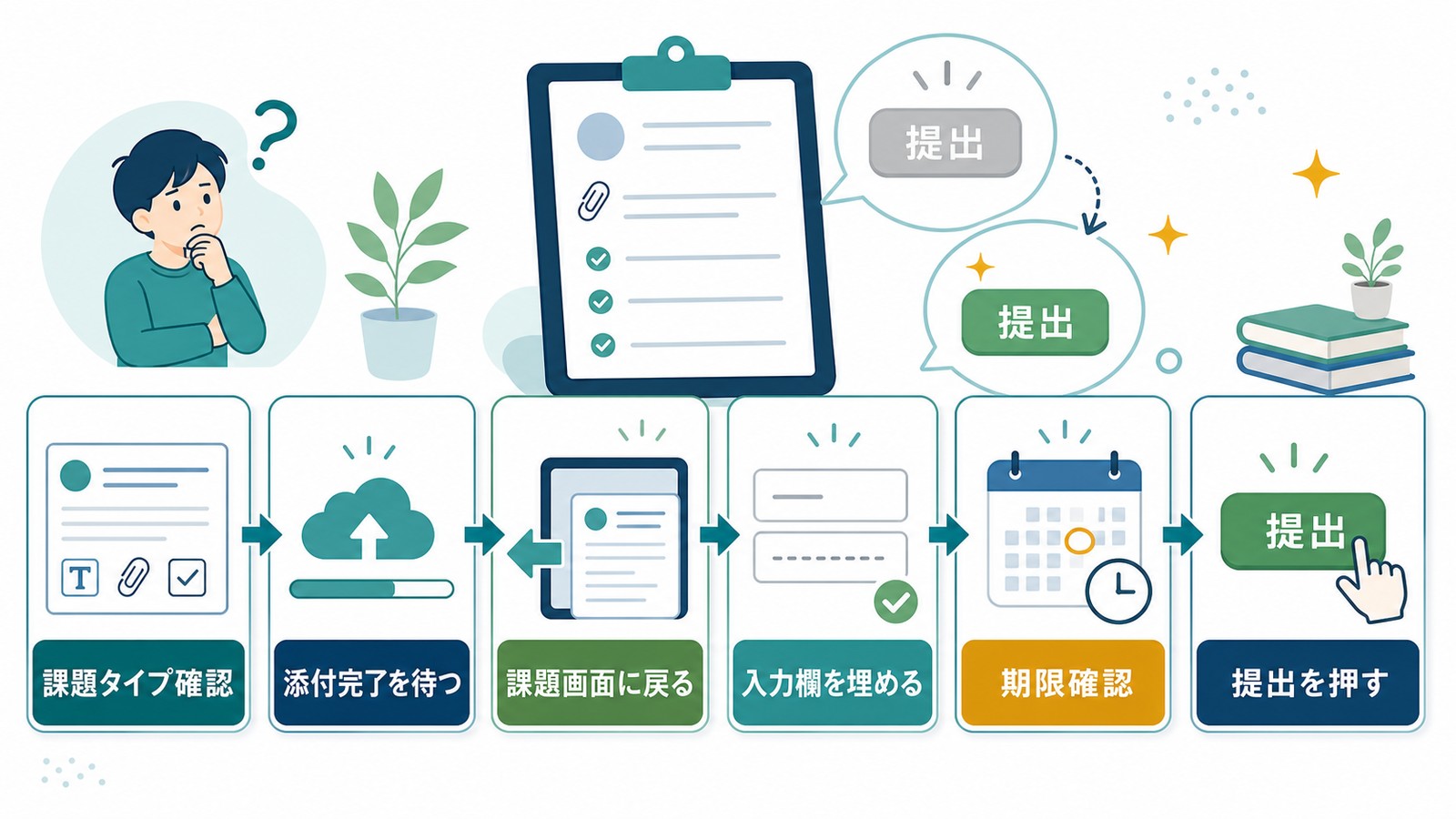 Google Classroomで提出ボタンがない押せない時に課題タイプ添付完了課題画面入力欄期限提出を確認する図解