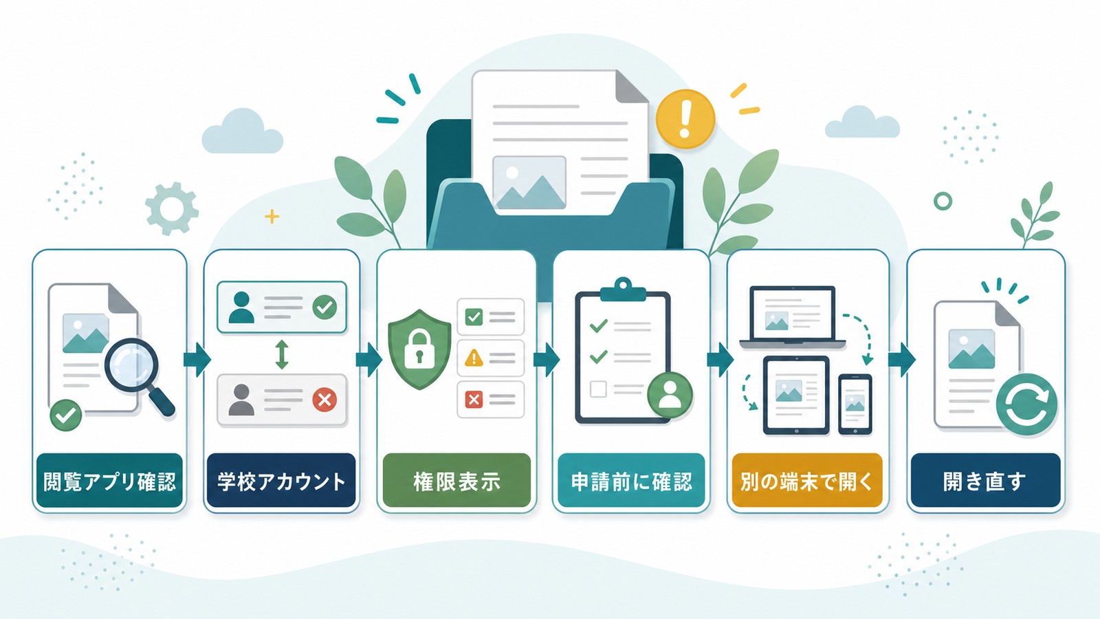 Google Classroomで添付ファイルが開けない時に閲覧アプリ学校アカウント権限表示申請前確認別端末で開く流れを整理した図解