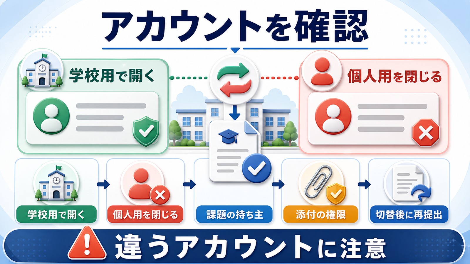 Google Classroomで学校アカウント個人アカウントの違いを確認し学校用で開く個人用を閉じる切替後に再提出する図解