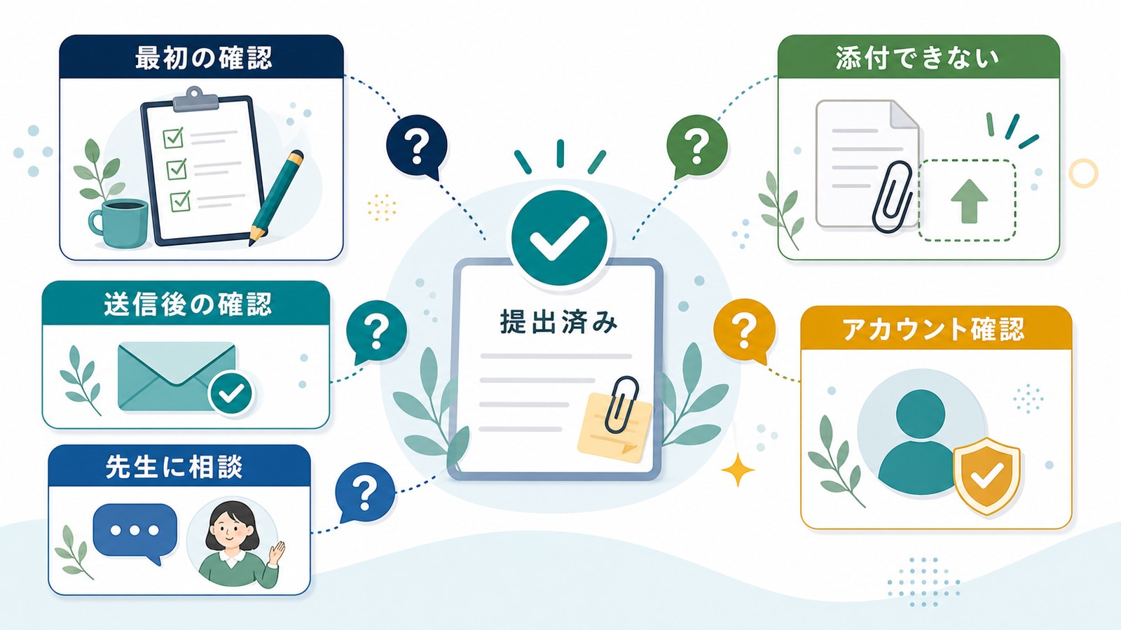Google Classroomの課題提出で最初の確認添付できない送信後の確認アカウント確認先生への相談を整理したFAQ図解