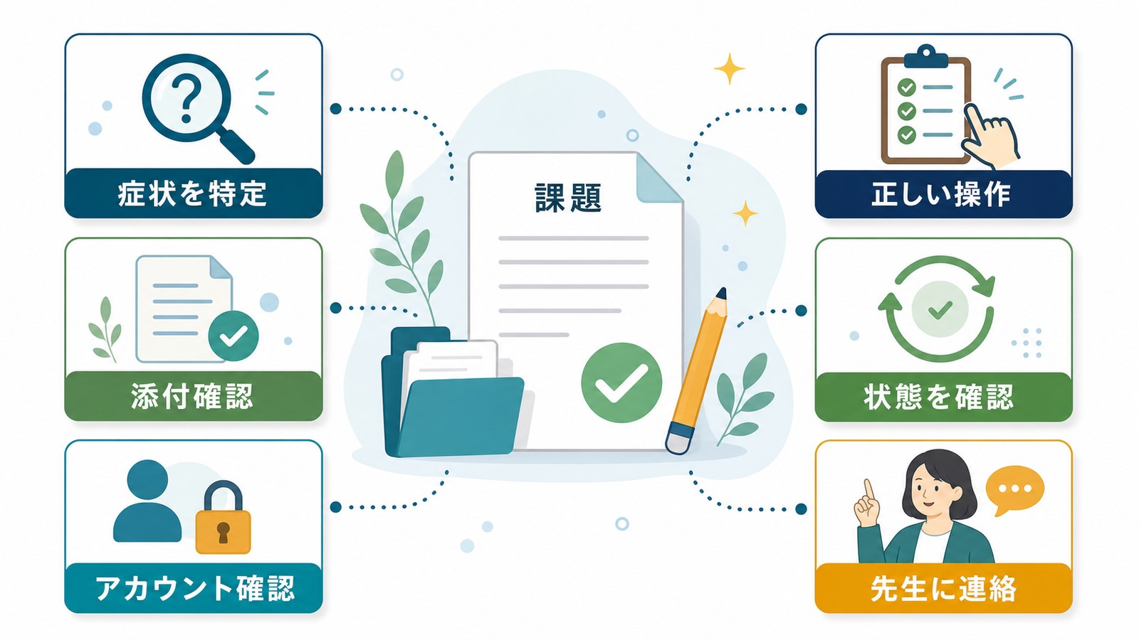 Google Classroomで課題が提出できない時に症状特定正しい操作添付確認アカウント確認状態確認先生への連絡をまとめた図解