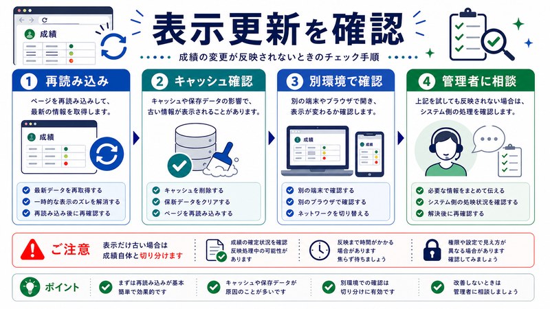 再読み込み、キャッシュ確認、別環境確認、管理者相談を整理した日本語図解
