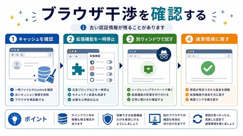 キャッシュ確認、拡張機能の一時停止、別ウィンドウ確認、通常環境への復帰を整理した日本語図解