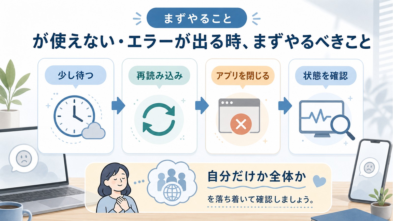 Google Geminiが使えない時に少し待つ再読み込みアプリを閉じる状態確認を行う図解