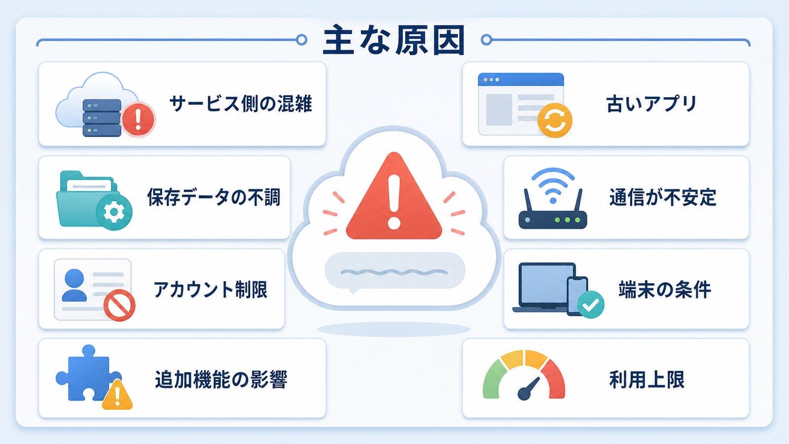 Google Geminiが使えない時のサービス側の混雑古いアプリ保存データ通信アカウント端末条件などの原因を整理した図解