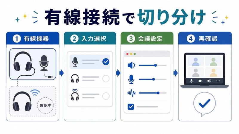 有線機器、入力選択、会議設定、再確認を整理した日本語図解