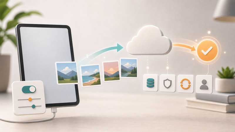 写真カード、端末、クラウド保存、設定確認を無文字アイコンで整理した日本語図解