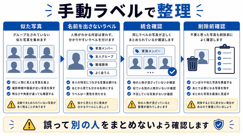 似た写真、名前を出さないラベル、統合確認、削除前確認を整理した日本語図解