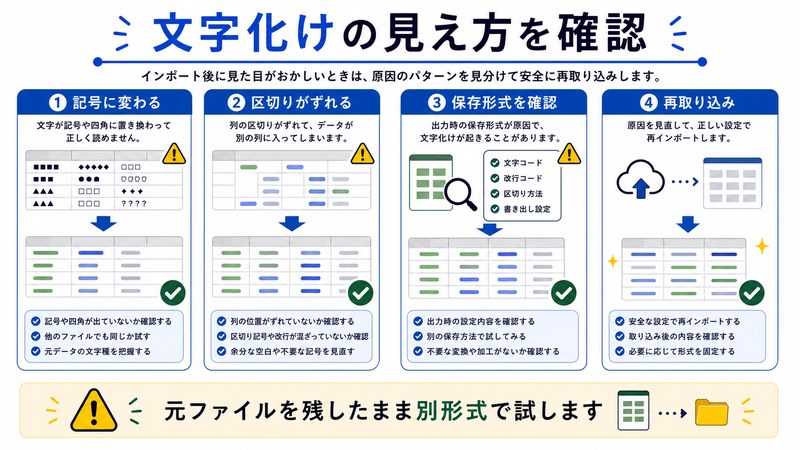 記号化、区切りずれ、保存形式確認、再取り込みを整理した日本語図解