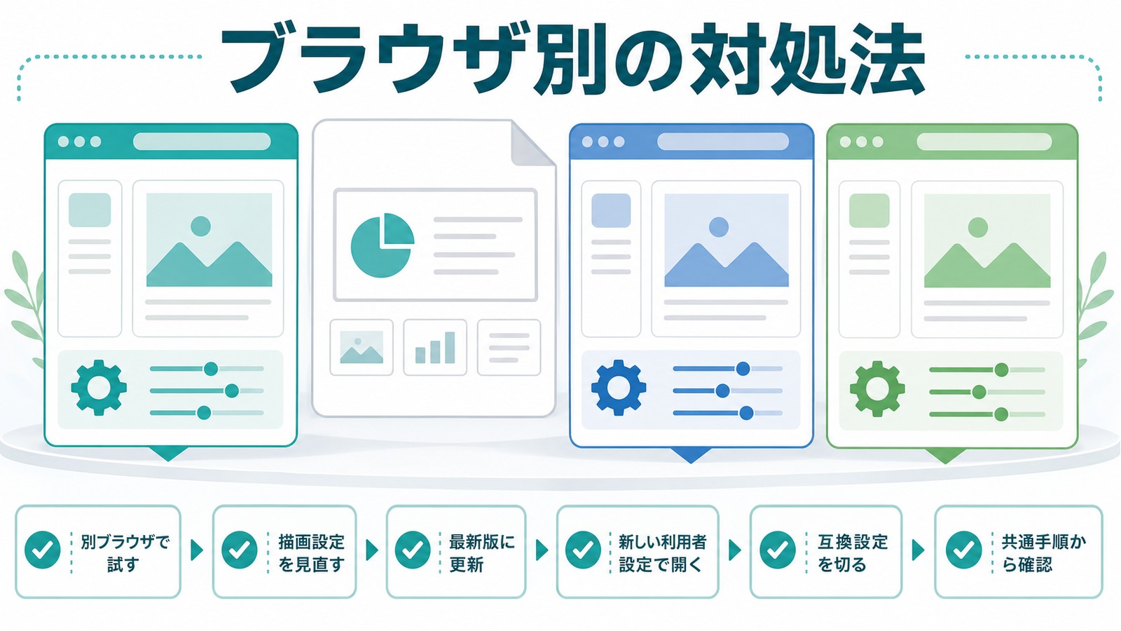 Googleスライドのブラウザ別対処として別ブラウザ描画設定更新新しい利用者設定互換設定を確認する図解