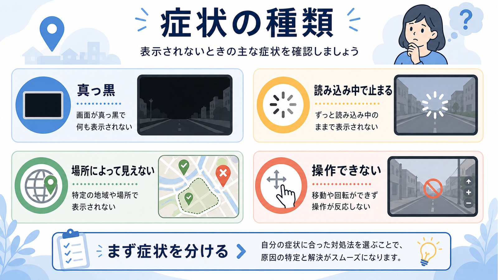 Googleストリートビューが真っ黒読み込み中で止まる場所によって見えない操作できない症状を整理した図解