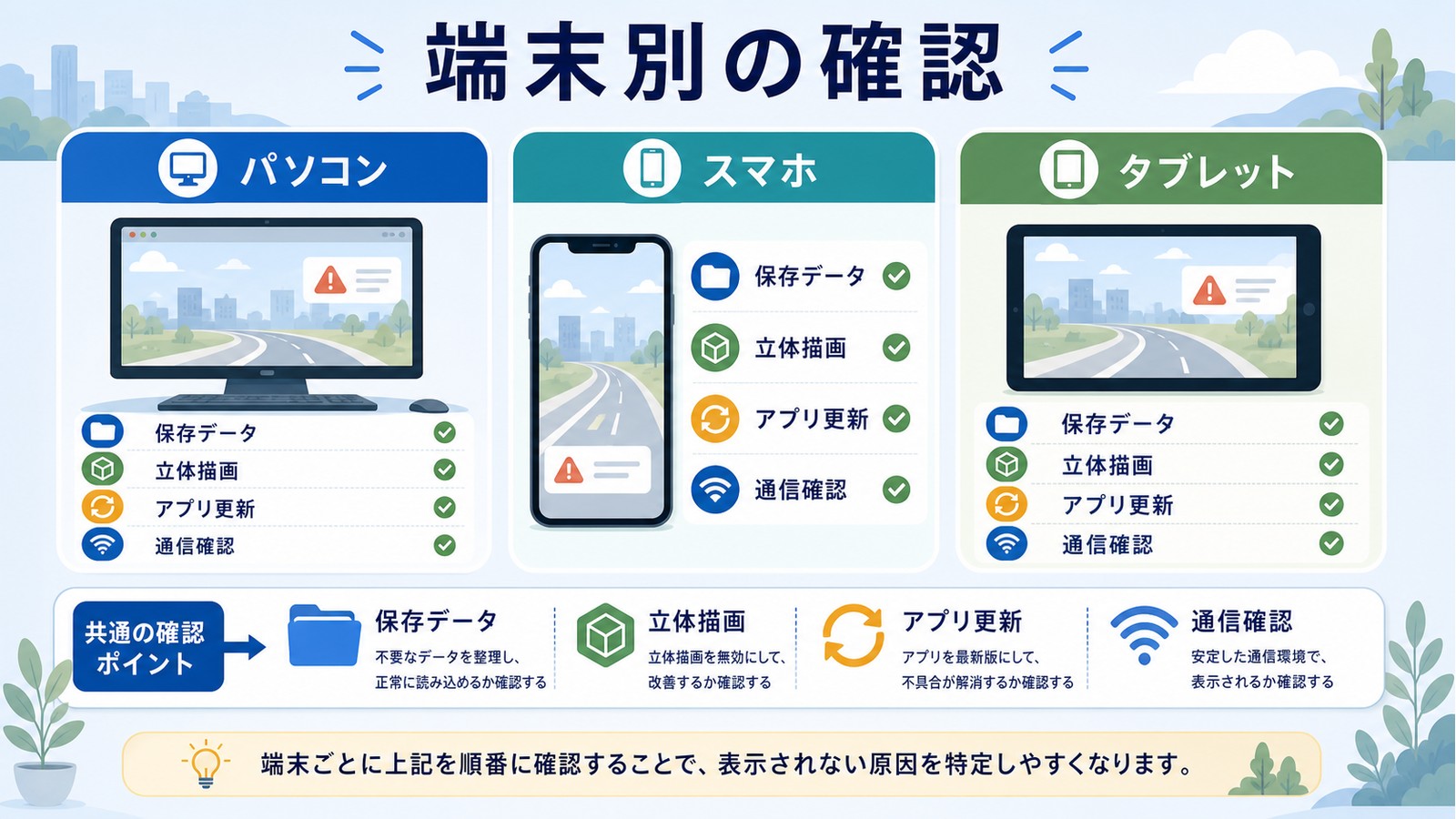 Googleストリートビューが表示されない時にパソコンスマホタブレット別の保存データ立体描画アプリ更新通信確認を見る図解