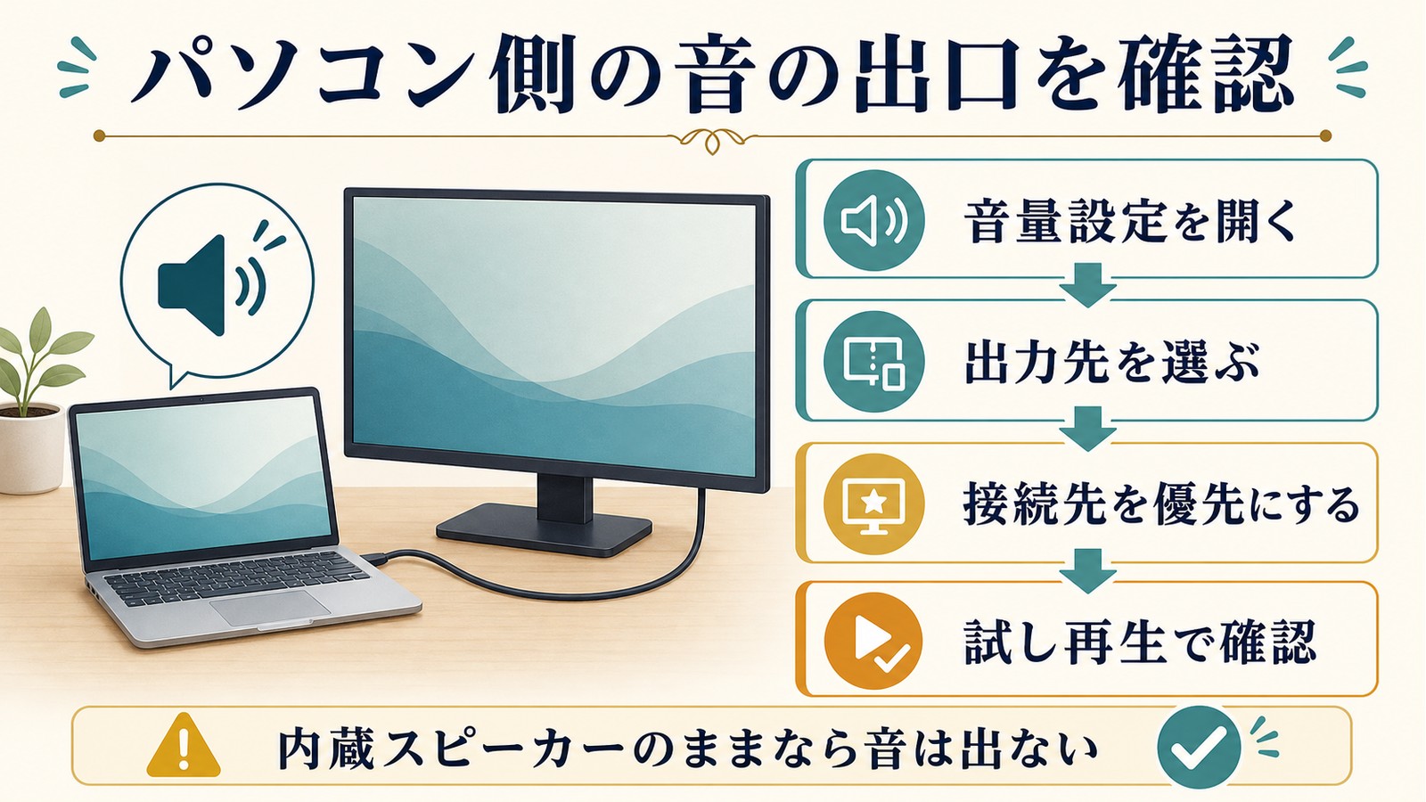 パソコン側で音量設定を開き出力先を選び接続先を優先して試し再生で確認する図解
