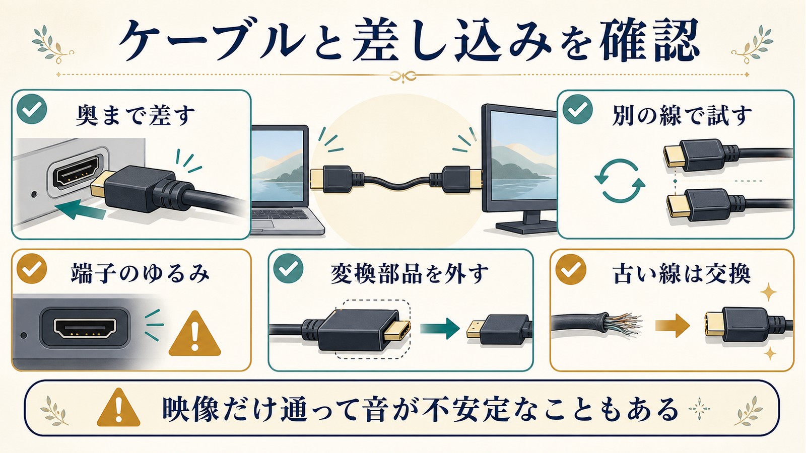 ケーブルを奥まで差し別の線で試し端子のゆるみや変換部品や古い線を確認する図解