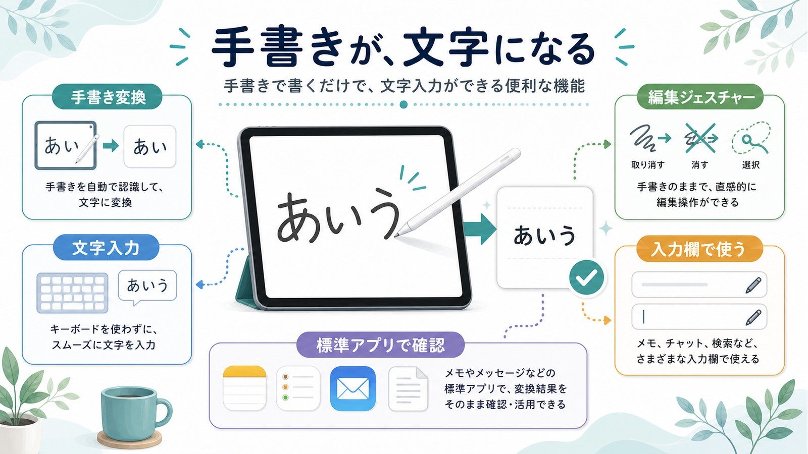 Scribbleで入力欄に書いた手書き文字が文字入力へ変換され編集ジェスチャーや標準アプリ確認につながる流れを整理した図解
