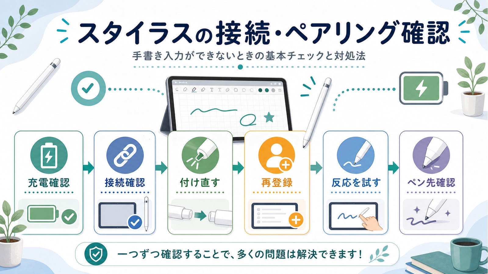 Apple Pencilの充電確認接続確認付け直し再登録反応確認ペン先確認を順に見直す図解