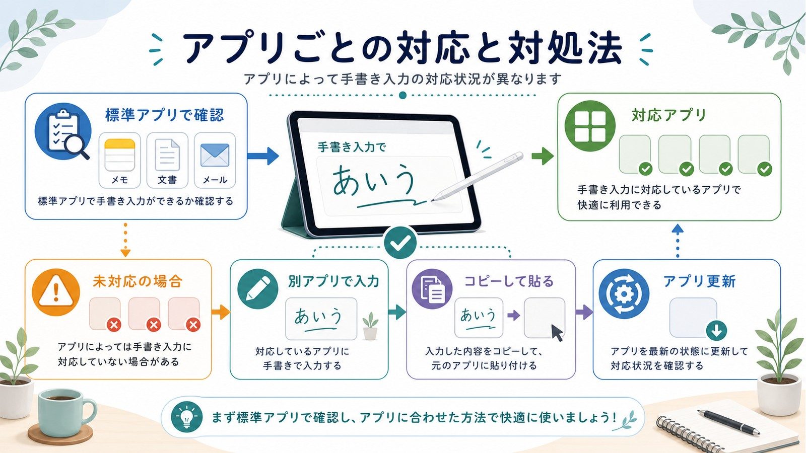 Scribbleがアプリで使えない時に標準アプリで確認対応アプリ未対応の場合別アプリ入力コピーして貼るアプリ更新を整理した図解