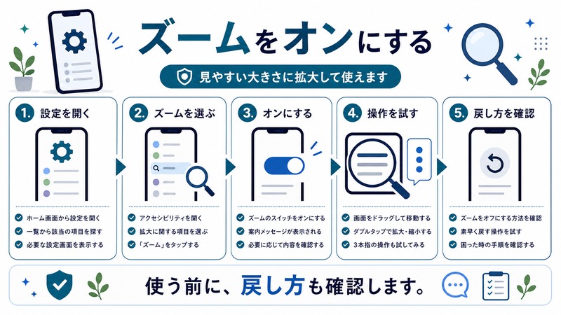 設定を開き、ズームを選び、オンにして操作を試し、戻し方を確認する流れを示す日本語図解