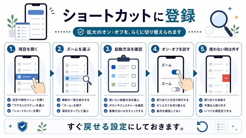 項目を開き、ズームを選び、起動方法を確認し、オンオフを試して、使わない時は外す流れを示す日本語図解