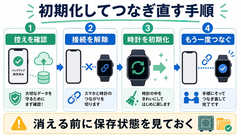 接続解除初期化つなぎ直しまでの順番と保存状態の確認を示す図解