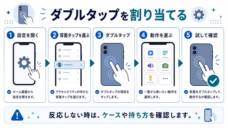 設定を開き、背面タップを選び、ダブルタップに動作を割り当てて試す流れを示す日本語図解