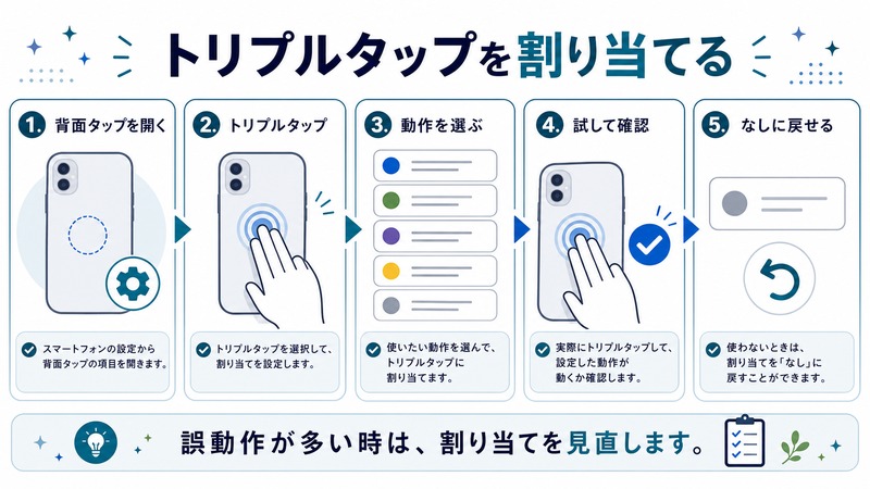 背面タップを開き、トリプルタップに動作を割り当て、試して確認し、なしに戻す流れを示す日本語図解