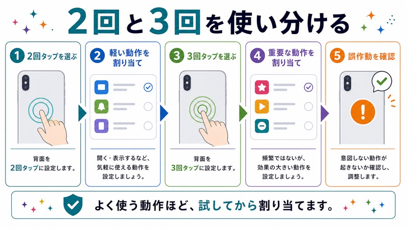 2回タップを選び、軽い動作を割り当て、3回タップを選び、重要な動作を割り当て、誤作動を確認する流れを示す日本語図解